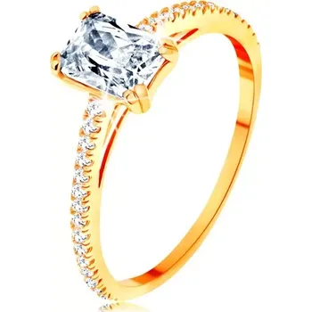 Prsten Prsten ze žlutého 14K zlata - vystupující zirkonový obdélník, linie čirých zirkonků - Velikost: 65