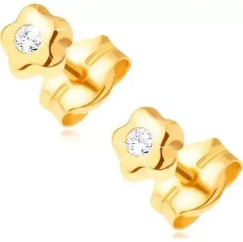 Náušnice Zlaté náušnice 585 - drobný kvítek s čirým blýskavým diamantem