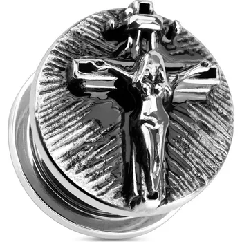 Piercing Ocelový tunel plug do ucha stříbrné barvy, žena na kříži, černá patina - Tloušťka : 20 mm