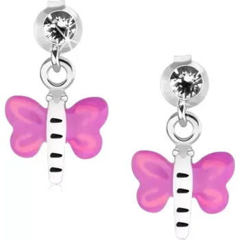 Náušnice Stříbrné náušnice 925, čirý krystal, motýl s fialovo-růžovými křídly