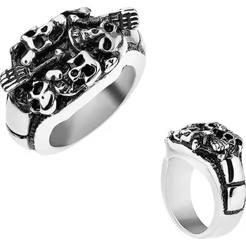 Prsten Patinovaný prsten z oceli 316L, stříbrná barva, vypouklé lebky a kosti - Velikost: 57