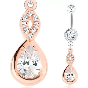 Piercing Piercing z oceli 316L, stříbrná a měděná barva, obrys zrnka, slza, čiré zirkony