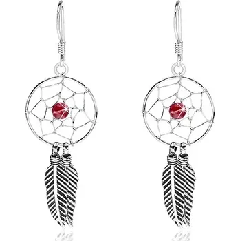 Náušnice Visací náušnice ze stříbra 925, kruhový lapač snů, tmavě červený korálek, 15 mm
