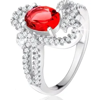 Prsten Stříbrný 925, oválný červený kámen, ozdobně zatočená zirkonová ramena - Velikost: 57