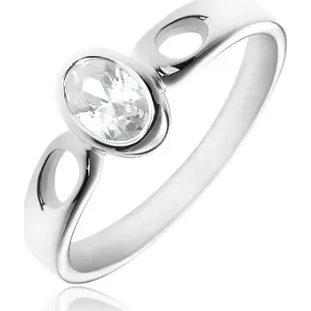 Prsten Stříbrný prsten 925 - oválný čirý zirkon, ramena se slzičkami - Velikost: 60