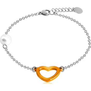 Náramek Ocelový náramek s perleťovou kuličkou, obrys srdce v měděné barvě