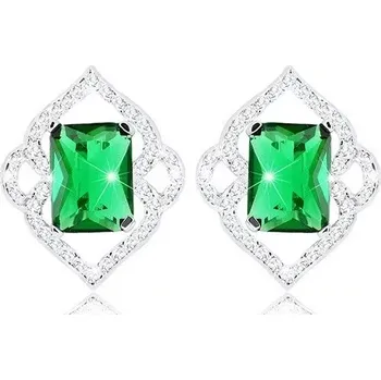 Náušnice Náušnice ze stříbra 925 - zelený zirkonový obdélník, čirý obrys listů, puzetky