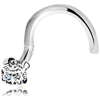 Piercing Zahnutý piercing do nosu v bílém 14K zlatě - blýskavý čirý zirkonek, 2 mm