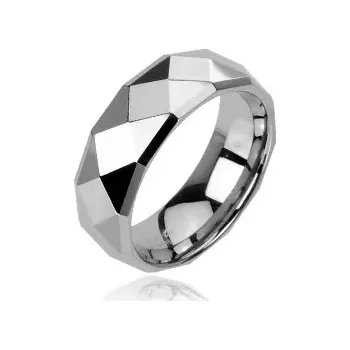 Prsten Wolframový prsten stříbrné barvy s broušenými kosočtverci, 6 mm - Velikost: 60