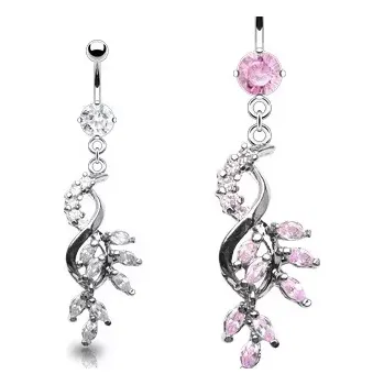 Piercing Luxusní piercing do bříška propletené lístky vykládané zirkony - Barva zirkonu: Růžová - P