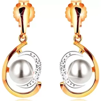 Náušnice Zlaté náušnice 585, dvoubarevná asymetrická slza, bílá perla, zirkony