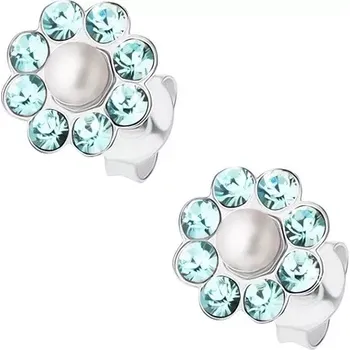 Náušnice Puzetové náušnice, stříbro 925, perlička, světle modré krystalky Preciosa