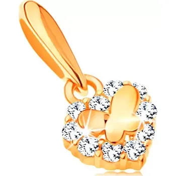 Přívěsek Zlatý přívěsek 585 - malé blýskavé srdíčko se zirkony a lesklý motýlek