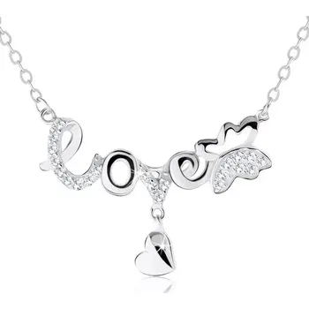 Náhrdelník Nastavitelný náhrdelník, nápis "love", motýlek, visící srdíčko, stříbro 925