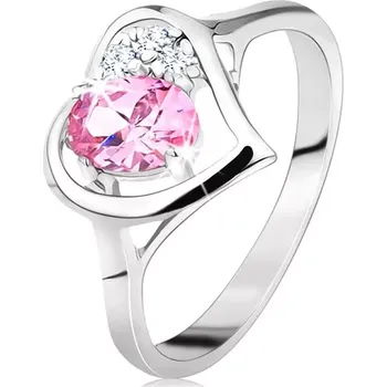 Prsten Prsten stříbrné barvy, obrys srdíčka s růžovým oválem a čirými zirkonky - Velikost: 58