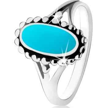 Prsten Stříbrný prsten 925, ovál v tyrkysovém odstínu, kontura z kuliček, rozdělená ramena - Velikost: 49