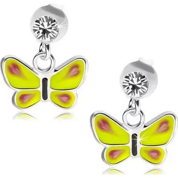 Náušnice Stříbrné náušnice 925, žlutý motýl, čirý Swarovského krystalek