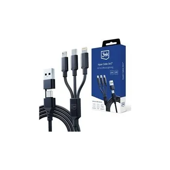 Datový kabel 3mk nabíjecí kabel - Hyper Cable 3in1 A/C to C/Micro/Lightning 1.5m, černá