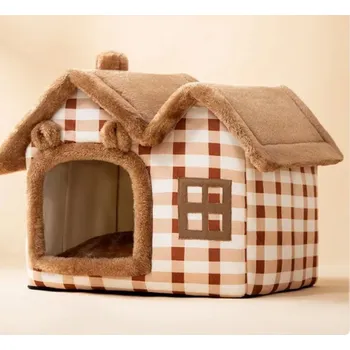 Pelíšek pro kočku Útulný pelíšek ve tvaru domečku pro kočičky s měkkým polštářkem Barva: hnědá, Velikost: S