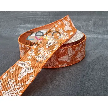 Stuha Stuha jutová 3,8 cm x 7 y - oranžová s tiskem motýlků II
