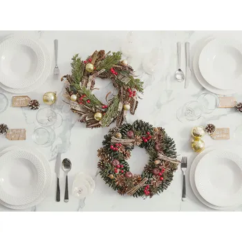 Vánoční dekorace Vánoční věnec, zelený, dřevěný, plast, šišky, kulatý 35 cm, tradiční design Beliani