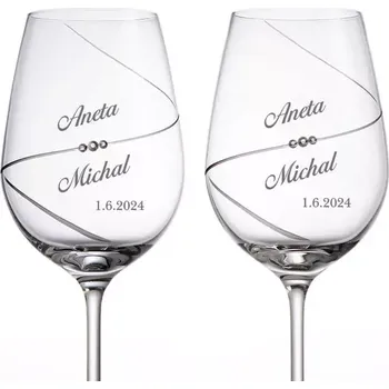 Sklenice Svatební skleničky na víno ručně broušené s kameny Preciosa, 2 ks (Do poznámky v nákupním košíku napište jména novomanželů a datum svatby)