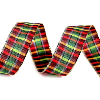 Stuha Károvaná stuha s lurexem šíře 25 mm 3 zelená sv. zlatá