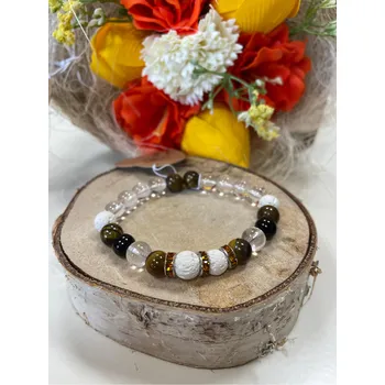 Náramek RV studio Louny s.r.o. Náramek Křišťál + Láva bílá + Obsidián černý + Tygří oko 8 mm s přízdobou - PANNA