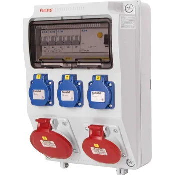 Rozvaděč Zásuvková skříň IP54 3x230V/16A, 1x400V/16A/5p, 1x400V/32A/5p s jištěním 2xPL7-B16/1, 1xPL7-B16/3 a proudovým chráničem PF7-40/4/003-A 330x215x155m Famatel ZSF30101000.1 /3958