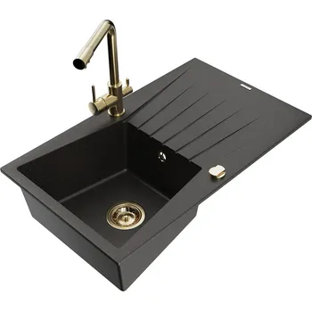 Granitový dřez MEXEN/S - Cesar granitový dřez s odkapávačem včetně baterie Duero, černá/zlatá metalik 6514-75-671600-50
