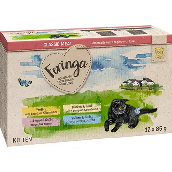 Krmivo pro kočku 24x85g Feringa Classic Meat Menü Kitten Pouches - míchané balení 2: drůbeží, krůtí & králičí, kuřecí & pstruh, losos & krůtí
