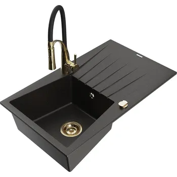 Granitový dřez MEXEN/S - Cesar granitový dřez s odkapávačem včetně baterie Aster, černá/zlatá metalik 6514-75-73450-57-G