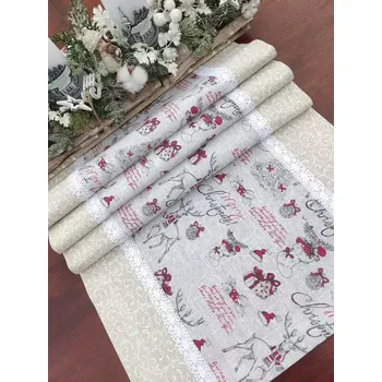 ubrus Běhoun vánoční - Merry Christmas v kombinaci s ornamenty na šedé