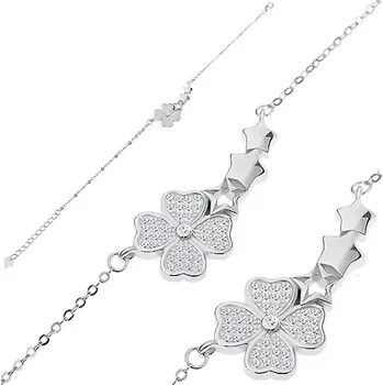 Náramek Náramek ze stříbra 925, zirkonový čtyřlístek a oblouk ze tří hvězdiček