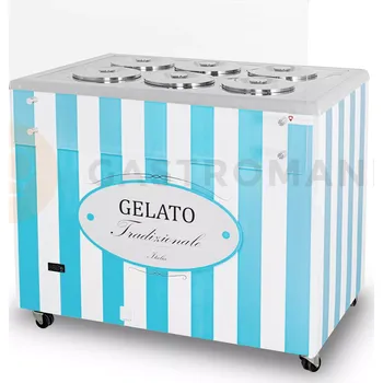 Zmrzlina Distributor zmrzliny, vitrína na zmrzlinu, konzervátor, retro, 6 tub, okrouhlé nádoby na zmrzlinu (kyvety), 1063x670x895 mm, bílo-modrý | RESTO QUALITY, GELATO POZETTI 6 BLUE