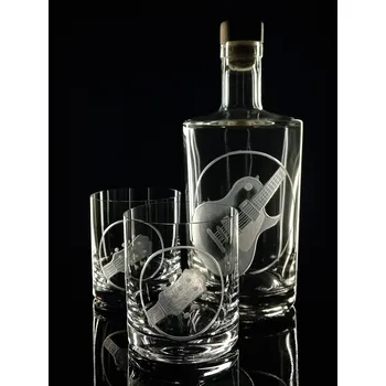 Sklenice lahev 0,7l a 2ks sklenek na whisky s rytinou kytary Les Paul - ručně ryté (broušené) dárková krabička, dárek pro hudebníka