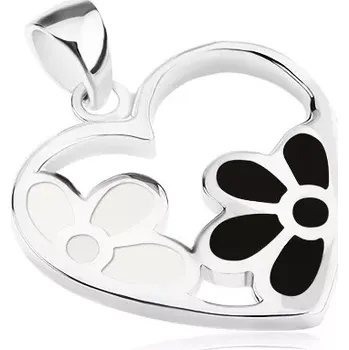 Přívěsek Přívěsek - stříbro 925, kontura srdce s květy, bílá perleť a černá glazura