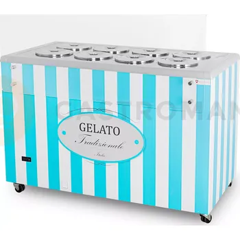 Zmrzlina Distributor zmrzliny, vitrína na zmrzlinu, konzervátor, retro, 8 tub, okrouhlé nádoby na zmrzlinu (kyvety), 1283x670x895 mm, bílo-modrý | RESTO QUALITY, GELATO POZETTI 8 BLUE