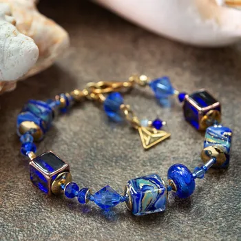 Náramek Lampglas Náramek Neptune's Glow s ryzím stříbrem a 24karátovým zlatem v perlách Lampglas