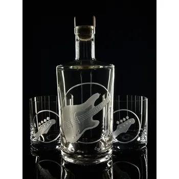 Sklenice lahev 0,7l a 2ks sklenek na whisky s rytinou basové kytary - ručně ryté (broušené) dárková krabička, dárek pro hudebníka