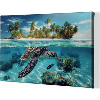 Obraz Obraz na plátně - Mořská želva a palmový ostrov FeelHappy.cz Velikost obrazu (šířka x výška): 210 x 140 cm