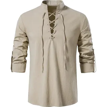 Pánská košile Pánská lněná košile s vázáním u výstřihu Barva: Khaki, Velikost: S
