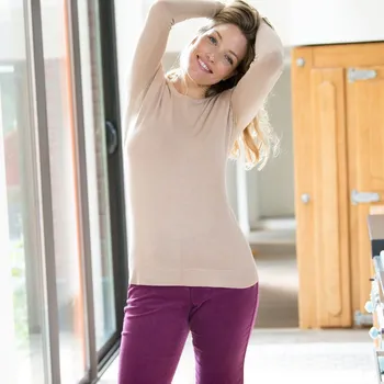 Dámský svetr Pulovr s kulatým výstřihem a zlatavými knoflíky na rukávech šedobéžová 42/44