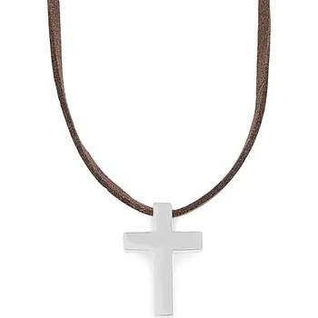Náhrdelník Kožený náhrdelník s křížkem ve stříbrné barvě - Lucleon