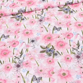 Bavlněné plátno POLO růžové květiny, narcisky, š.140cm (látka v metráži)