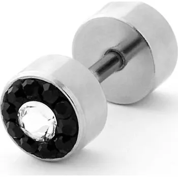 Piercing Falešný plug do ucha se zirkony v černé a stříbrné barvě - Fort Tempus