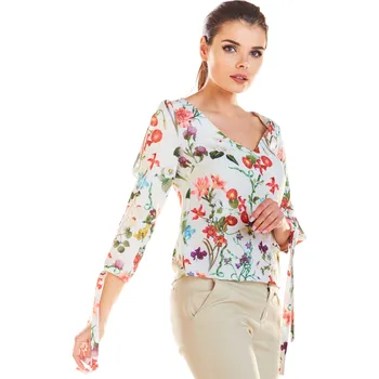 Dámská halenka Halenka s 3/4 rukávy květovaná M191 Barva: Smetanová, Velikost: XS