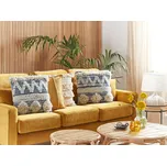 Polštář béžový a modrý 45 x 45 cm Bavlněný čtverec se zipem s geometrickým vzorem Texturovaný ručně tkaný polštář Boho Beliani