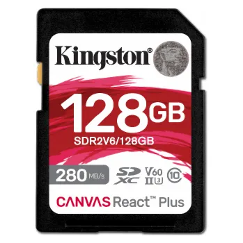 Ukládání dat Kingston SDXC karta 128GB Canvas React Plus, UHS-II, U3, V60, R:280/W:100MB/s