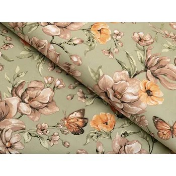 Bavlněná látka/plátno Sandra SA-472 Hnědé květy magnolie na zeleném - šířka 160 cm
